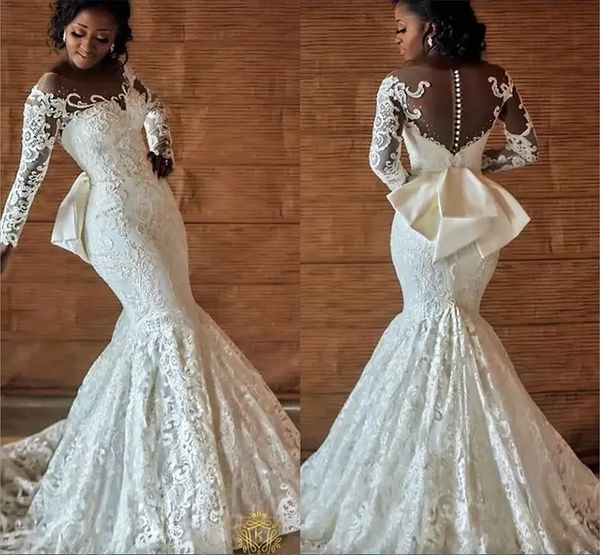 Abiti da sposa nigeriani in pizzo pieno africano con fiocco posteriore che borda maniche lunghe 2023 Abiti da sposa da sposa con fidanzamento a sirena avorio