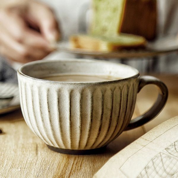 Canecas retrô de cerâmica áspera cerâmica copo de chá de água pull flor latte boca grande café da manhã sobremesa decoração de casa conjunto de caneca de café 230701