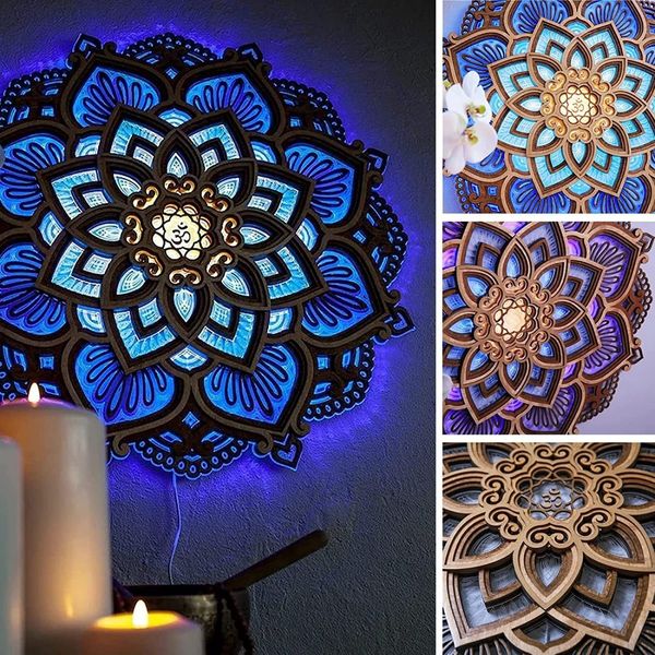 Dekorative Objekte Figuren Mandala Yoga Zimmer Nachtlicht LED geschnitzt Ambient Holz PVC Wandhängelampe Lamapara Home Schlafzimmer Dekoration 230701