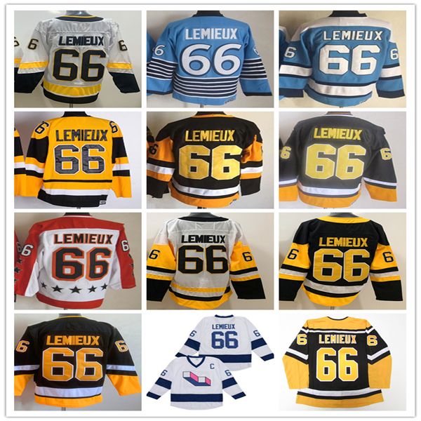 PITTSBURGH Maglia da hockey su ghiaccio vintage 66 Mario Lemieux Ricamo All-Star Blu Bianco Oro Nero Uniformi retrò alternative