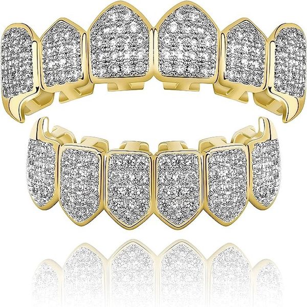 Grillz, grelhas dentárias Diamond Grill, ajuste seus dentes femininos 18 K banhado a ouro Full Ice CZ Vampire superior inferior rosto boca masculina com haste de moldagem extra Traje de Hornplay,