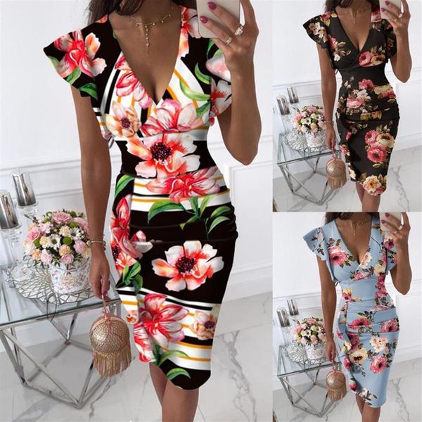 Ethnische Kleidung Sexy Frauen Ärmellose V-Ausschnitt Blumen Druck Midi Ballkleider Rüschen Saum Geraffte, figurbetontes Kleid Vestidos De Noche 254S