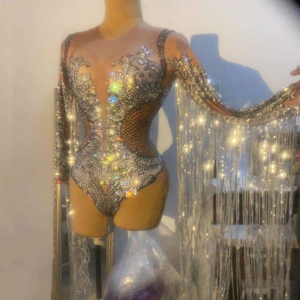 Vestuário Roupa de Palco Brilhante Strass Franja Manga Bodysuit Boate Bar Cantor Dançarino Performance Sexy Roupas Lantejoulas Borlas347Y