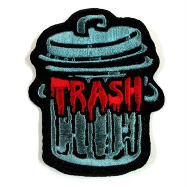 Brandneuer TRASH-Mülleimer-Applikations-Cartoon-Kleid-Stickerei-Patch zum Aufbügeln oder Aufnähen auf Kleidung, 100 % Stickerei-Patch-Applikationsabzeichen F267c