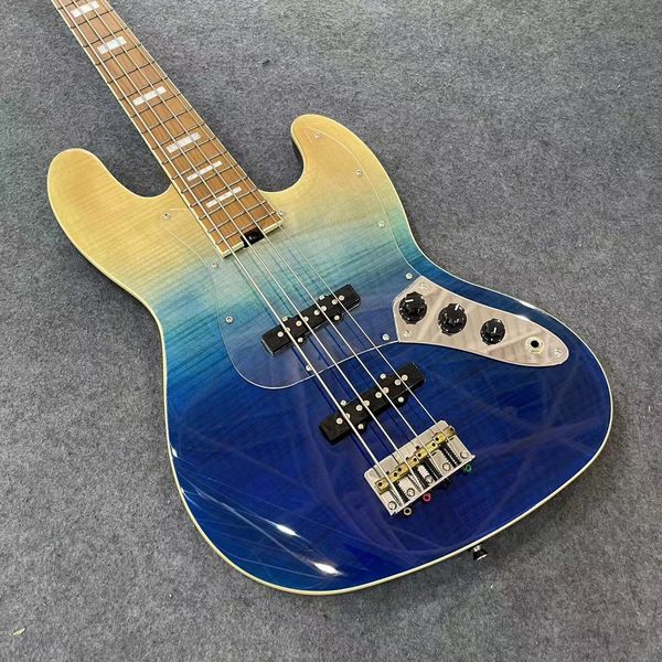 Baixo elétrico de 4 cordas customizado Flame Maple colorido Top Body Transparent Mirror Pickguard Roasted Maple Braço WK Single Coil Pickups