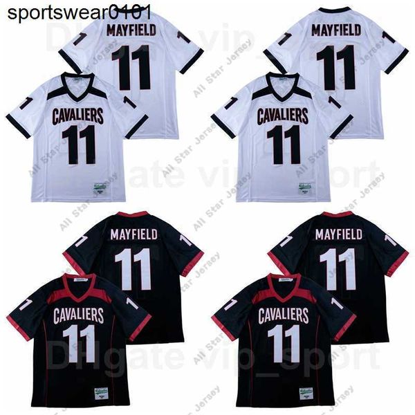 American College Football Wear Uomo High School Cavaliers Lake Travis 11 Maglia da calcio Baker Mayfield Tutto cucito Traspirante Puro cotone Nero Bianco Colore della squadra Ex