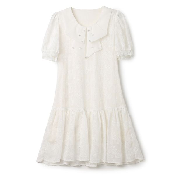 2023 Verão Branco Cor Sólida Bordado Vestido de Renda Manga Curta Decote Redondo até o Joelho Vestidos Casuais W3L041909