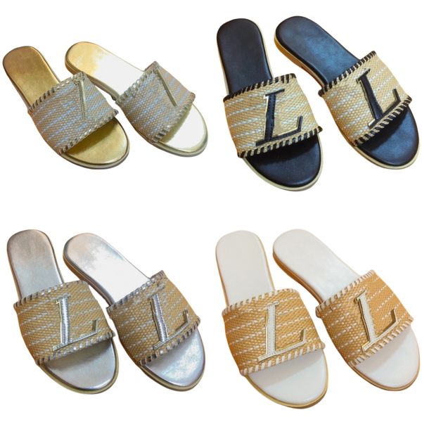 Neue Mode-Hausschuhe, Top-Designer-Sandalen, rutschfeste Strandschuhe mit Buchstaben, flache bestickte Uwabaki-Schuhe mit einem Buchstaben für Damen, handgewebte lässige Ledersandalen