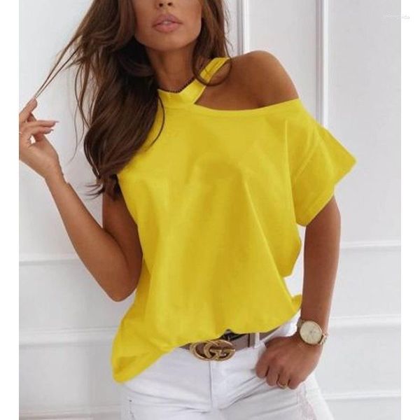 Женские футболки Summer Cotton Yellow Foot Sexy Off Plouds Casual Fashion Fashion с коротким рукавом с коротким вырезом.