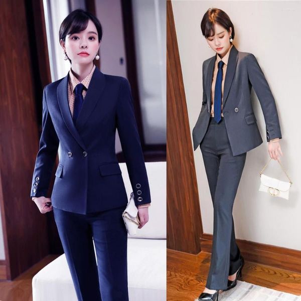 Calças femininas de duas peças para senhoras formais ternos de calça para mulheres de trabalho conjuntos de blazer e jaqueta azul marinho estilos de uniforme de escritório