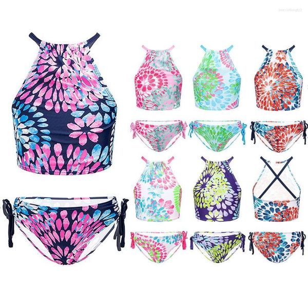 Damen-Bademode, Blumenmädchen-Badeanzug, Kinder-Bikini-Set mit Neckholder, zweiteilig, für Kinder, Strand, Sport, Tankini, 5–14 Jahre, Badeanzug, Biquini