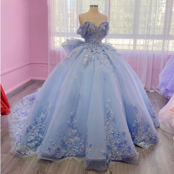 Sky Blue Quinceanera платья корсета бальный платье с бисером 3D цветы.