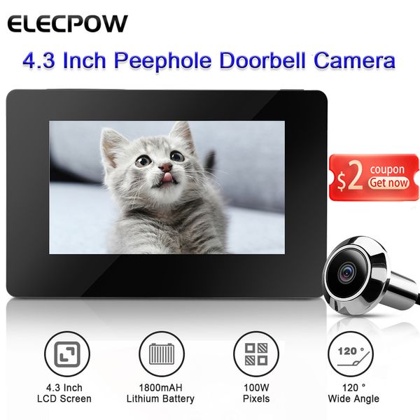 Campainhas Elecpow 4,3 Polegada Olho Mágico Visor de Porta Campainha Câmera 120° LCD 100W Pixels Câmera Eletrônica Inteligente Olho de Gato Monitor Externo 230701