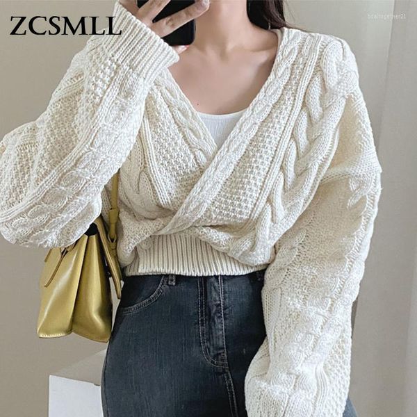 Damenpullover ZCSMLL Mode einfarbig gestrickte Pullover Herbst 2023 V-Ausschnitt Criss-Cross Single Button Langarmpullover TH618