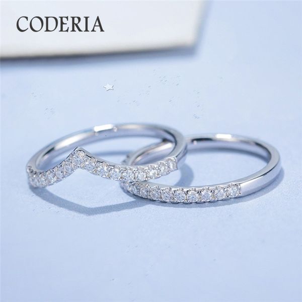Com pedras laterais Real Passed Diamond Test 925 Sterling Silver 14K White Gold V Ring For Women Girls Inline Rings Exquisite Jewelry 230701