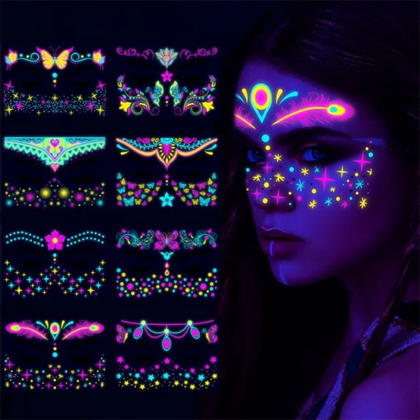 Tatuaggi fluorescenti per feste di festival Farfalla di Halloween Adesivi per il viso impermeabili Adesivi per tatuaggi temporanei in maschera al neon I0703