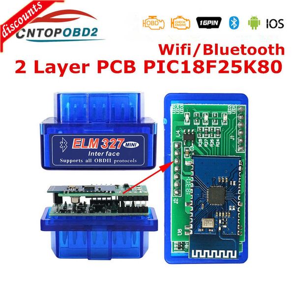 New Super Mini Elm327 Bluetooth v1.5 с двойным PIC18F25K80 Wi -Fi ELM 327 V1.5 OBD2 Сканер Универсальный Дисггнический Инструмент Android IOS