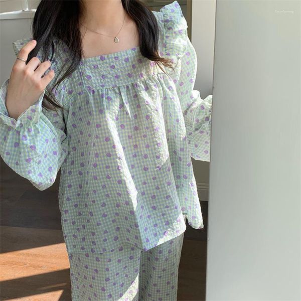 Pijamas femininos outono algodão linho xadrez lindo pijama solto casual estudante calças de manga comprida roupas para casa 2 peças terno japonês kawai