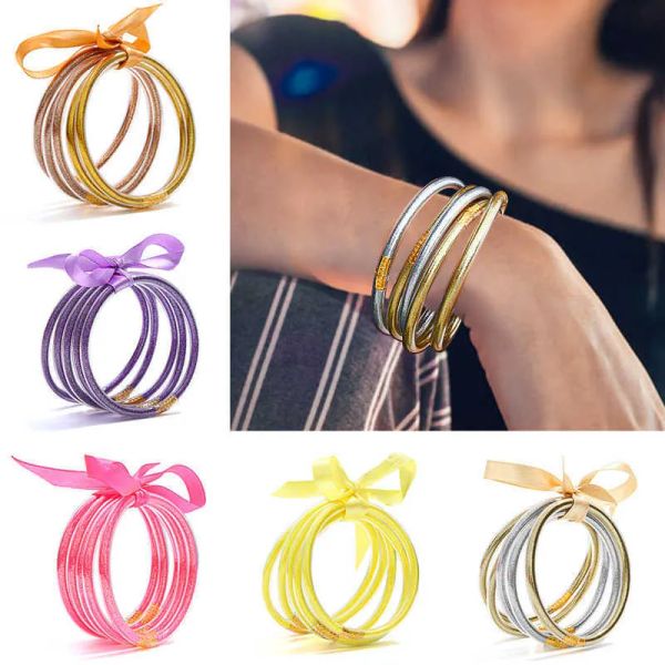 Pulseira feminina para todos os climas com glitter, círculo de silicone, poeira estelar, pulseira feminina, pulseira de geléia, pulseira, joias femininas, conjunto de 5 peças