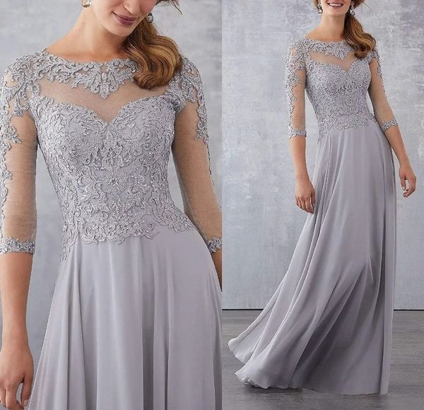 Abito da donna per la madre della sposa con maniche a tre quarti Illusion Scoop A-line Chiffon Abiti da festa di nozze Applique in pizzo argento champagne