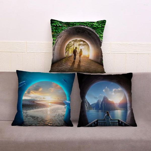 Almofada Linda Capa de Túnel Misteriosa 3D Para Sofá Decoração de Casa Fronha Estampada Estojo Cênico Curto Pelúcia 45 45cm