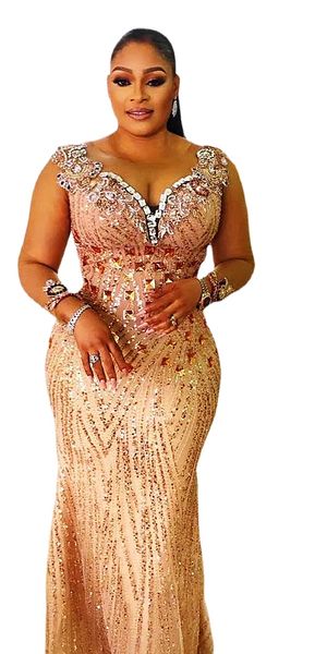 Arabo Aso Ebi Champagne Mermaid Prom Dresses Cristalli di perline Sera sexy Festa formale Secondo ricevimento Compleanno Fidanzamento Abiti da damigella d'onore Abito