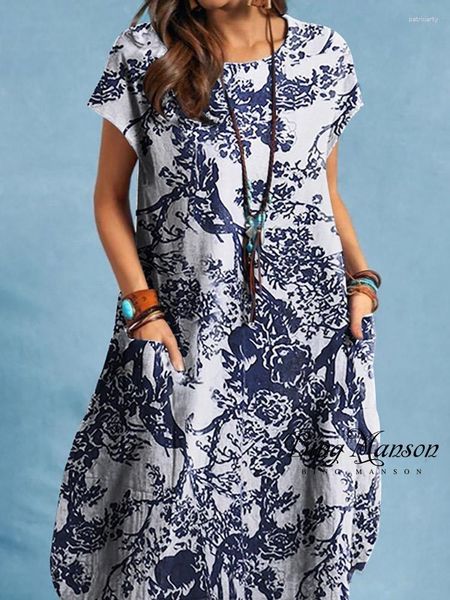 Lässige Kleider 2023 Damen Sommer Freizeit Urlaub Tasche Rundhalsausschnitt Flügelärmel blau und weiß Porzellan bedruckt Maxi für Damen