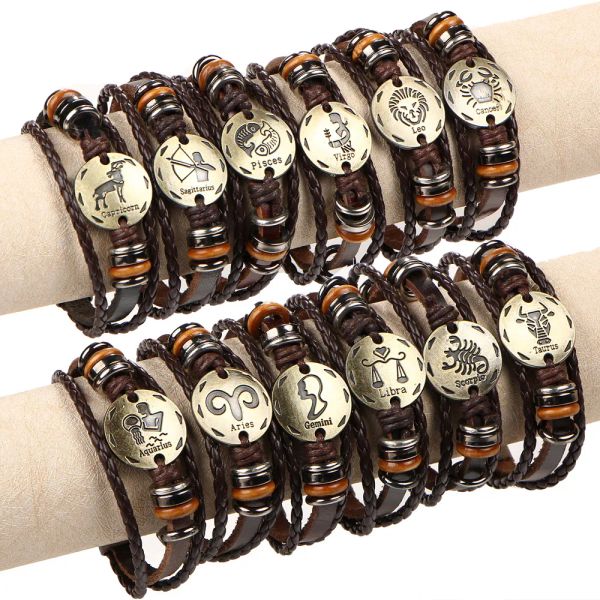 60pcslot 12 Constellation Zodiac Braided Brown Leather Bracelets Bangles For Men Women Punk Aries Leo Libra Jóias Atacado