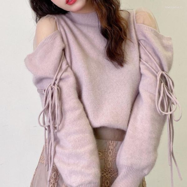 Suéter Feminino Neploe JAPAN Suéter Feminino Outono Inverno Femme Translúcido Tule Patchwork Ombro Fora com Cordão Pulôver de Malha