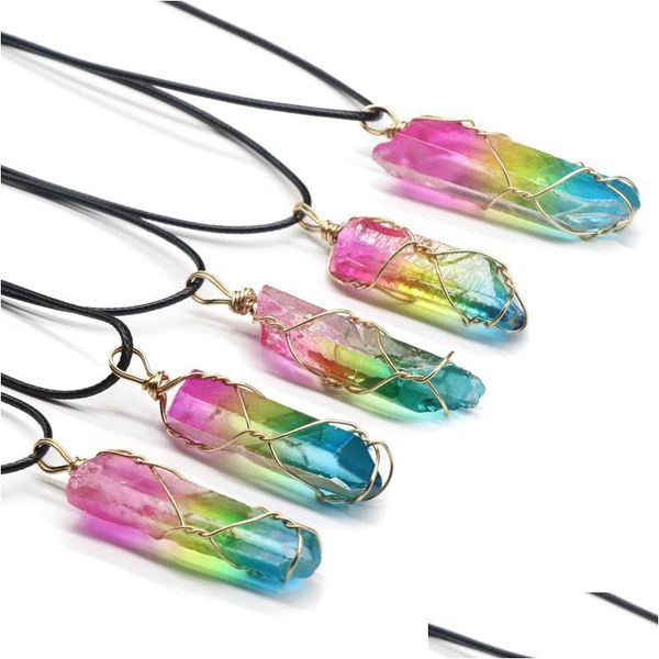 Anhänger Halsketten Colorf Kristallsäule Halskette Farbverlauf Quarzkristalle Wire Wrap Heilung Guardian Schmuck für Männer Seil Drop Dh6Pf