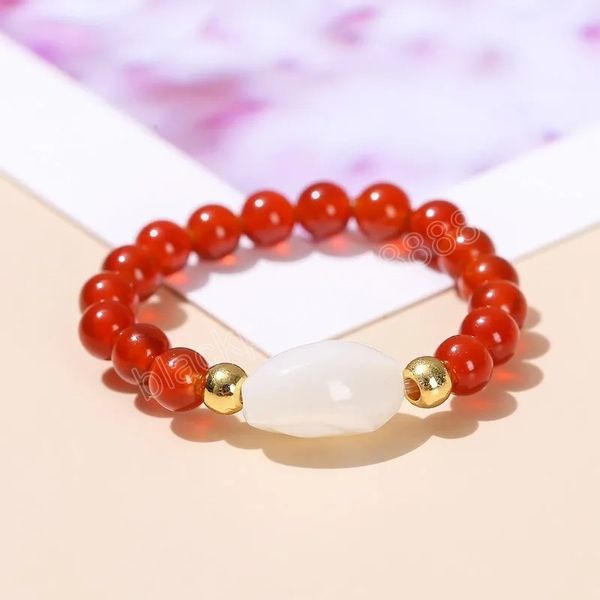 3 mm naturale agata rossa conchiglia bianca riso piccolo anelli di perline moda donna fatta a mano pietra rotonda Reiki Energy Stretch anello da dito