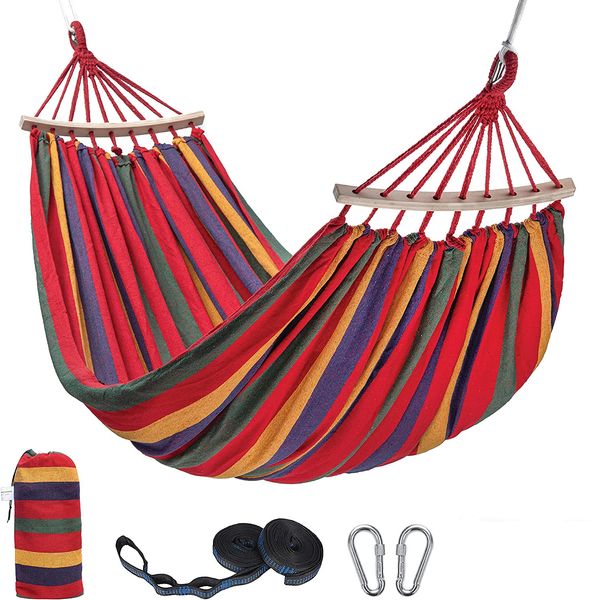 Camping-Möbel-Hängematte für Outdoor-Camping, Garten, Hof, Terrasse, tragbare Hängematten, Segeltuch-Streifen-Hängebett, Doppel-Einzelpersonen-Schaukel, 230701