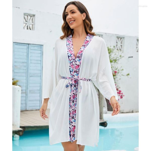 Traje de baño de verano para mujer, bata de protección solar, traje de playa, cárdigan, vacaciones, playa, encaje, chaqueta estampada de algodón 2023