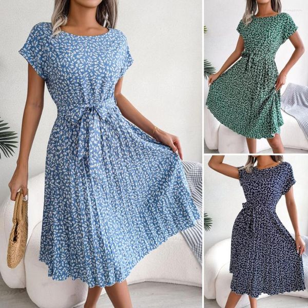 Abiti casual Abito floreale da donna Manica corta Vita alta Stringata Midi Stampa semplice Orlo pieghettato Abiti femminili