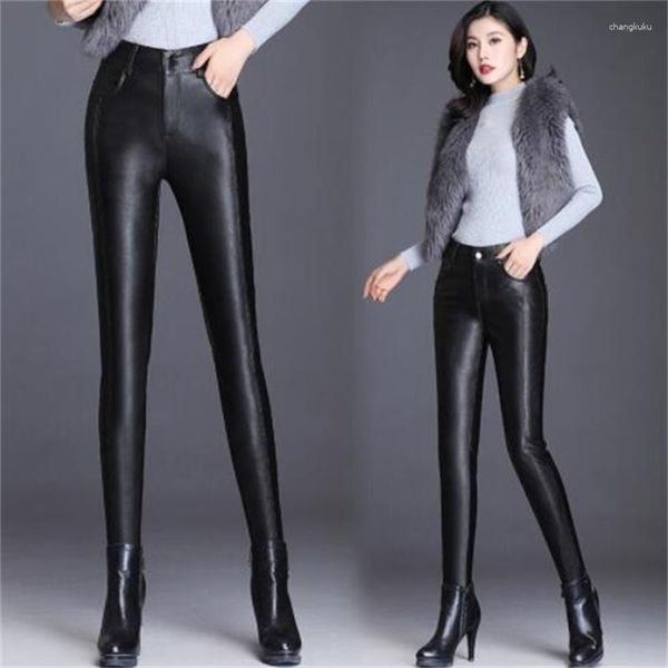 Calças Femininas Caxemira Couro Outono Inverno Legging Justa Elástico Casuais Pés Pequenos Preto