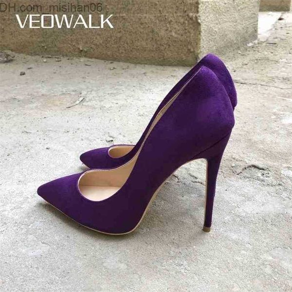 Отсуть туфли Veowalk Deep Purple Women Flock Заостренные пальцы на высоких каблуках модные, дамы, скользите на насосах Syletto Sexy Woman Wamer Wedding Swed Show