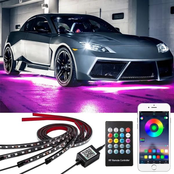 4 unidades de luz de néon para carro, faixa flexível de LED sob a carroceria, controle remoto/aplicativo, RGB Dream Color, lâmpada ambiente decorativa automática