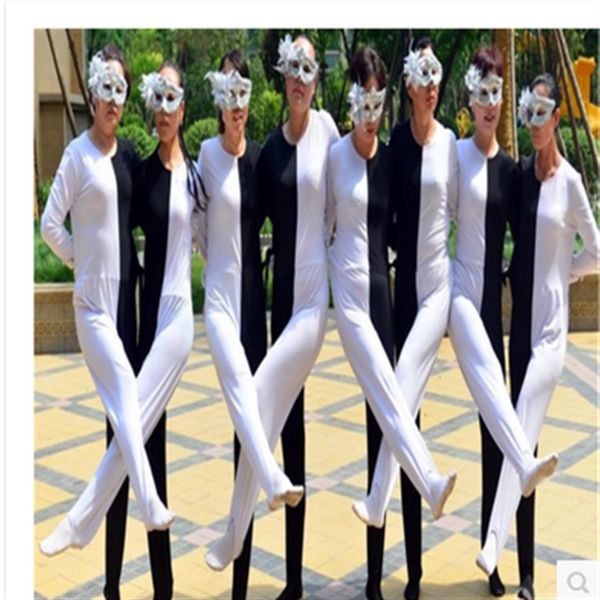 Desgaste de palco preto branco ilusão de ótica perna trajes de dança siamesa criança adulta roupas de performance russa personalidade salão de baile d1752