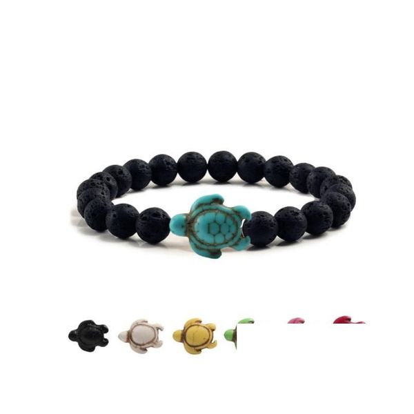 Pulseira com contas de verão, praia, tartaruga marinha, para homens, charme, lava preta, pedra natural, cordão, pulseiras elásticas, joias, drop, dhdrq