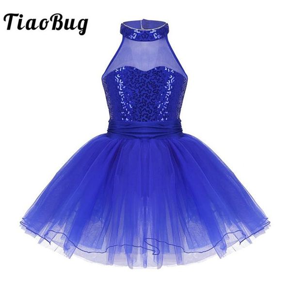 Vestuário de palco TiaoBug Crianças Sem Mangas Lantejoulas Mesh Splice Ballet Tutu Dança Vestido Collant Meninas Ginástica Bailarina Party305f