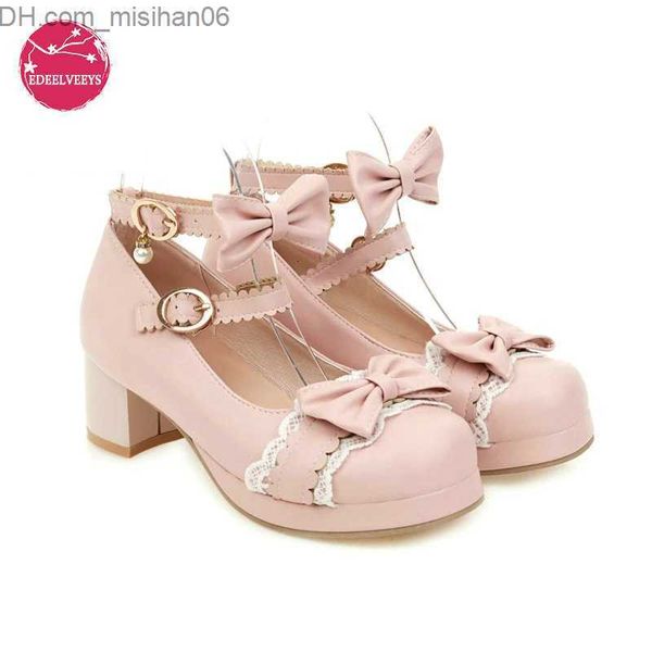Платье для обуви для обуви Lolita Girls Mary Janes Shoes Bowknot Princess Ruffles Japan Sweet Bride Swed Party Press Pless Cosplay Pink Plus 34-48 Z230703