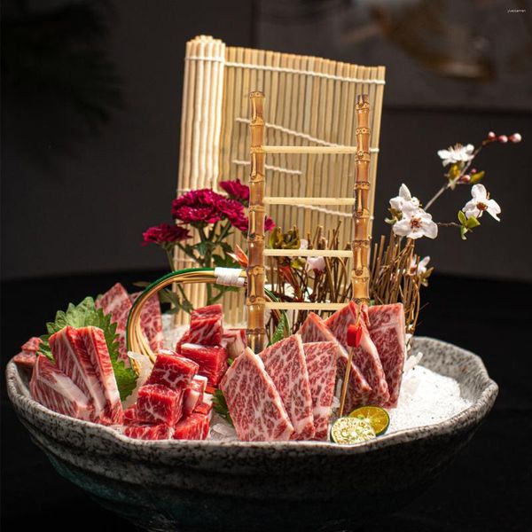 Pratos Escada de bambu Arranjo de sashimi Decoração em miniatura Bandeja de sushi Ornamento Cortes frios Modelagem em miniatura