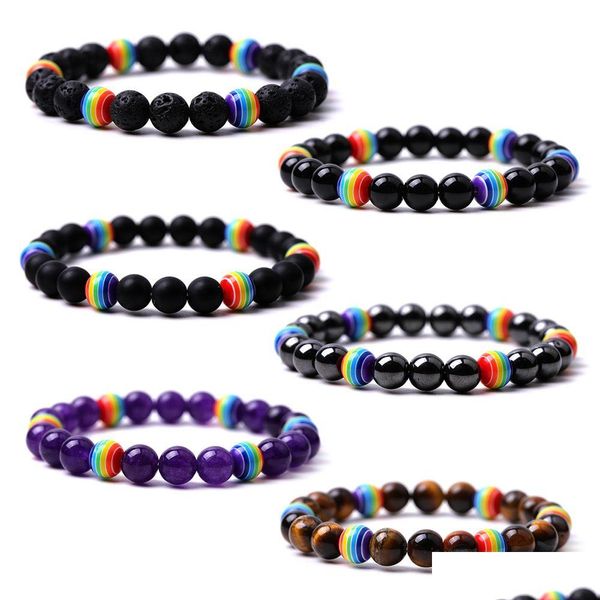 Perlen Harz Regenbogen 8 mm Stein Colorf Armband Tigerauge lila Quarz Achate Armreif für Frauen Yoga Schmuck Drop Lieferung Armbänder Dhuk9