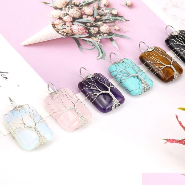 Anhänger Halsketten Heilkristall Naturstein Rec Charms Twine Baum des Lebens Wire Wrap Türkis Amethyst Tigerauge Rosenquarz Who Dhejb