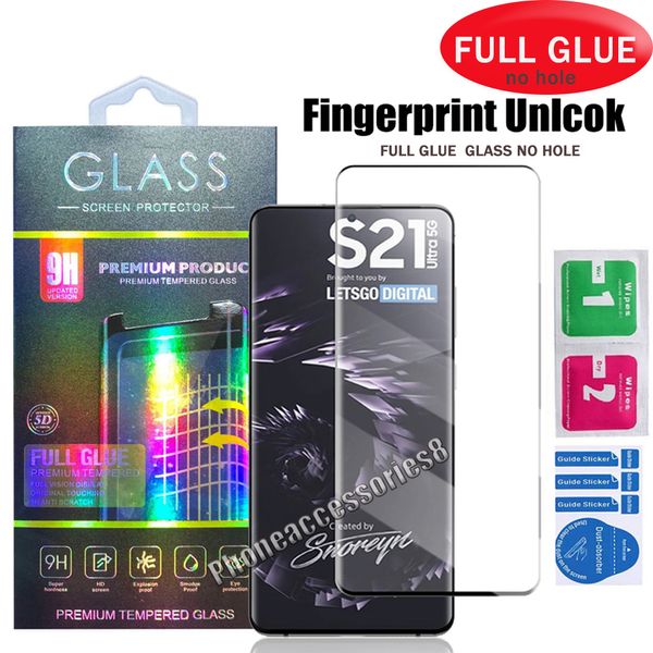 Premium Vollkleber, kein Loch, gebogener Displayschutz aus gehärtetem Glas für Samsung S23 Ultra S22 S21 Ultra S20 Note20 S10 Plus S8 S9 NOTE8 Fingerabdruck-Entsperrung mit Einzelhandelsverpackung