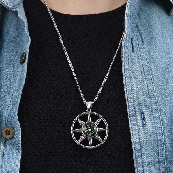 Flash Compass Regenbogen Anhänger Halskette Kette Für Männer Antik Silber Farbe Edelstahl Schmuck Hip Hop Punk Rock Schmuck Zubehör Großhandel