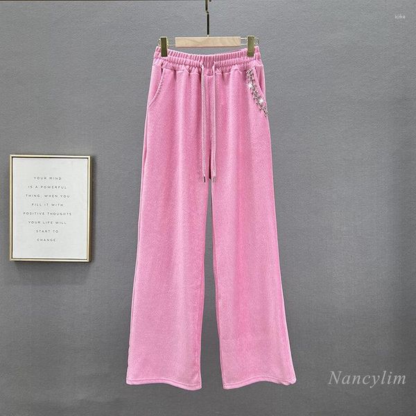 Calças femininas moda perna larga com diamante embutido para mulheres 2023 primavera cintura alta solta calças casuais combinando rosa branco