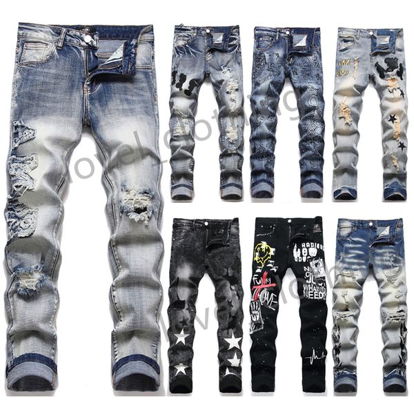 Jeans designer maschili jeans women pantaloni neri distrutti la moda sottile motociclista dritto motociclisti magri skinny jeans casual hip-hop con cerniera strappata buca strappato