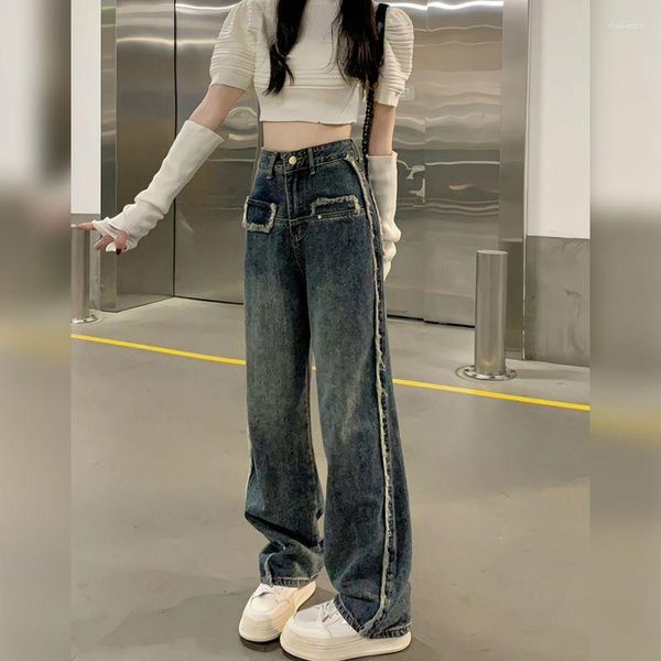 Jeans feminino perna larga larga cintura alta roupas elegantes primavera 2023 moda feminina roupas vintage anos 90 streetwear grunge urbano