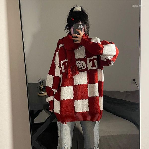 Maglioni femminili Houzhou Vintage Red Ploid Plaid Women Fashion Korean Oversize Star Star Pullover Pullover a maglia femmina Harajuku Preppy